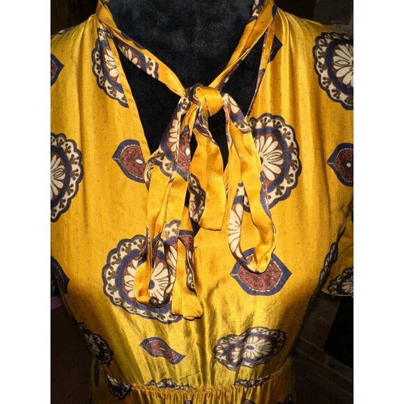 NISSA Women’s A line Printed Dress Silk Blend Scarf Collar yellow US Sz 2 classy - Picture 5 of 13